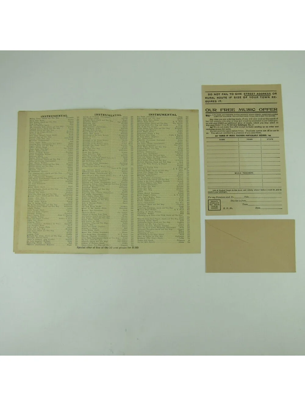 McKinley Music Co Advertising Sheet Music Catalog Order Form & Envelope 1910s
